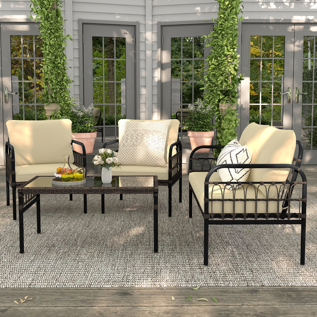 4 Pieces Outdoor Wicker Conversation Bistro Set with Soft Cushions and Tempered Glass Coffee Table-Brown