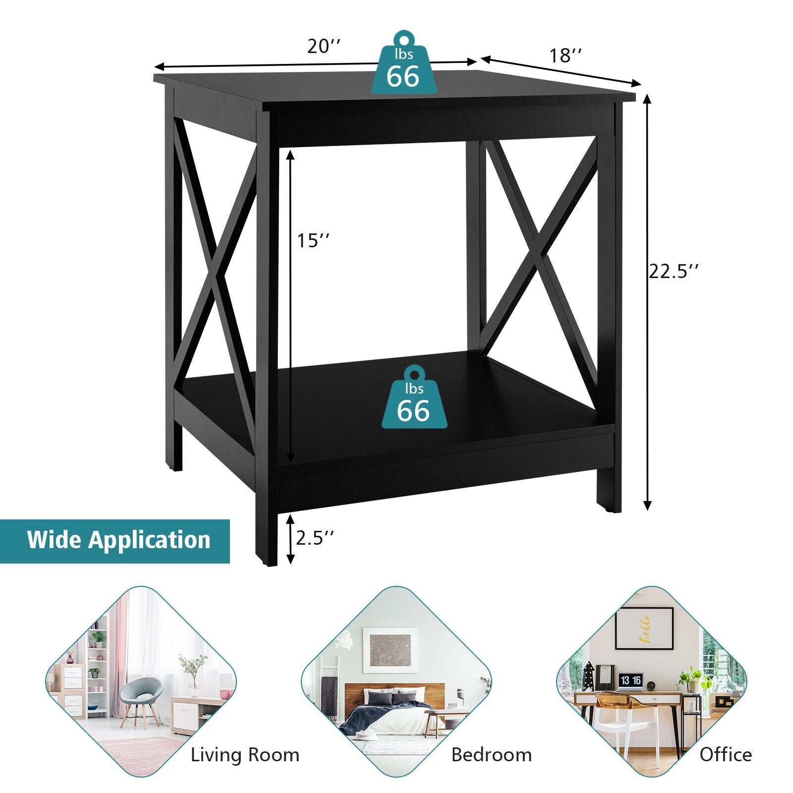 2-Tier Side Table with X-shape Design and 4 Solid Legs-Black