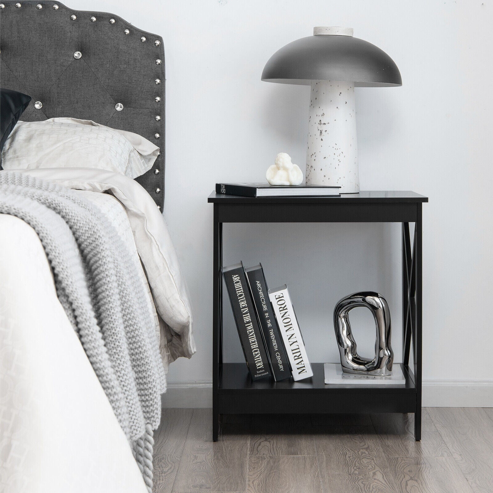 2-Tier Side Table with X-shape Design and 4 Solid Legs-Black