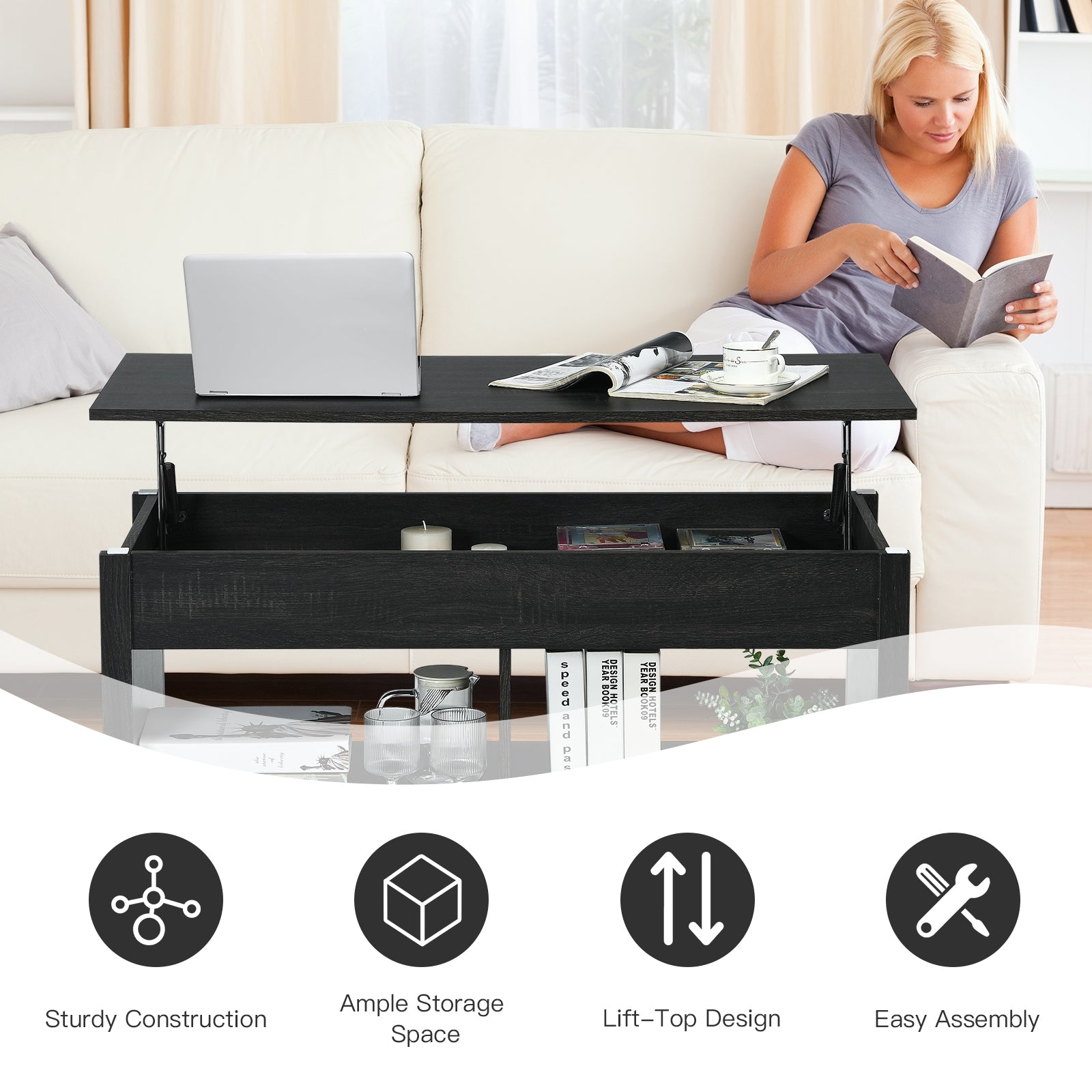 Lift Top Coffee Table with Hidden Storage Compartment and Lower Shelf for Study Room-Black