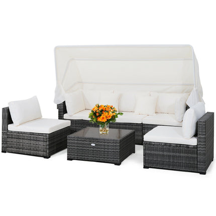 6 Pieces Patio Rattan Furniture Set with Retractable Canopy