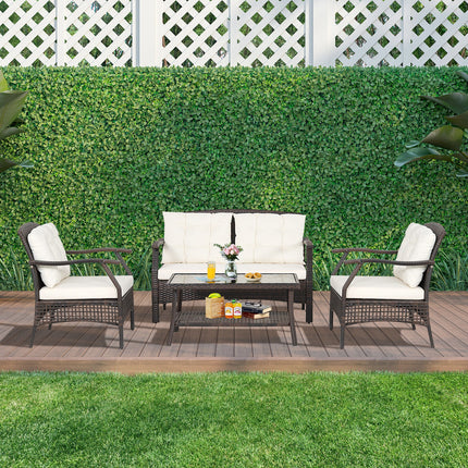 4 Pieces Outdoor Rattan Conversation Set with Protective Cover