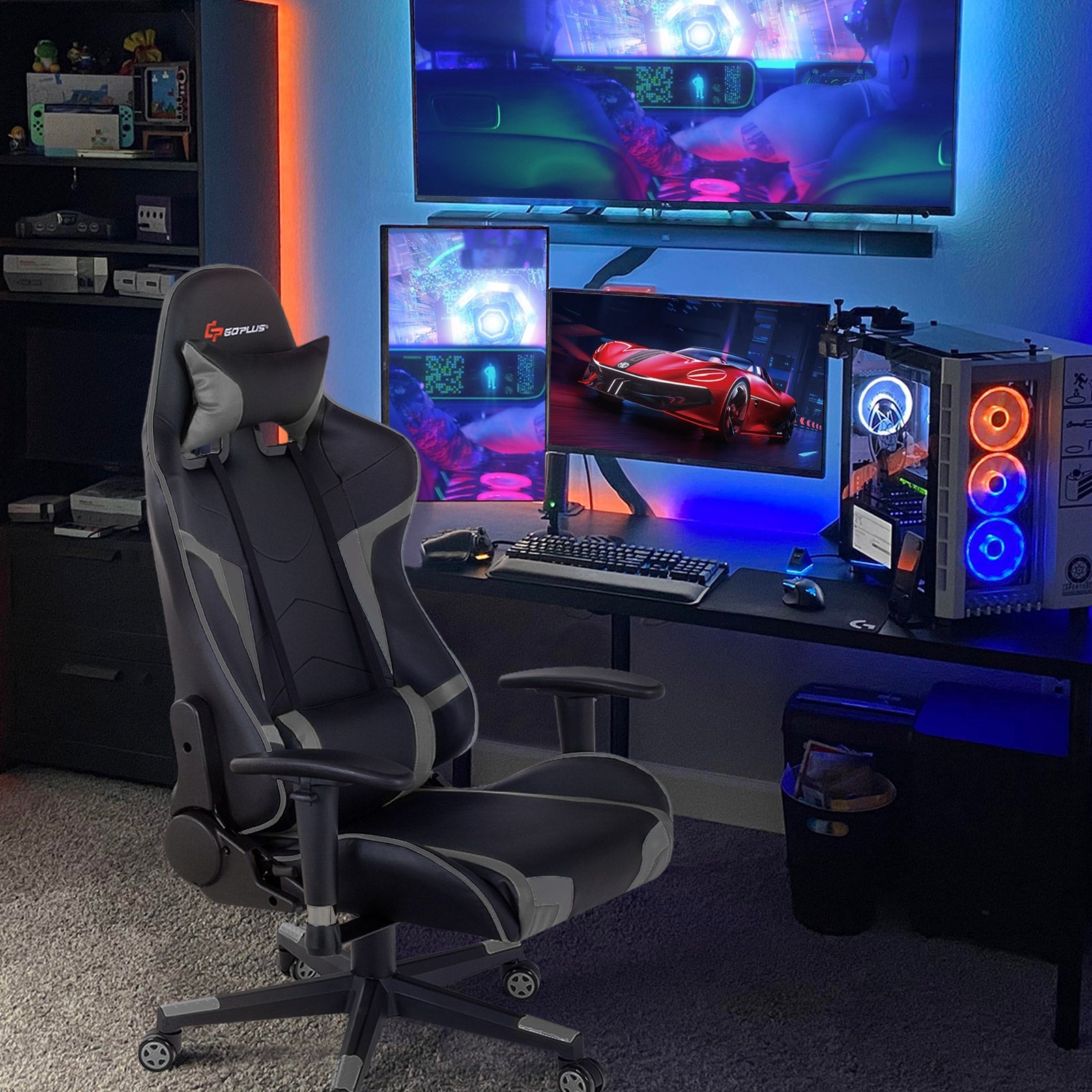 Reclining Swivel Massage Gaming Chair with Lumbar Support-Gray