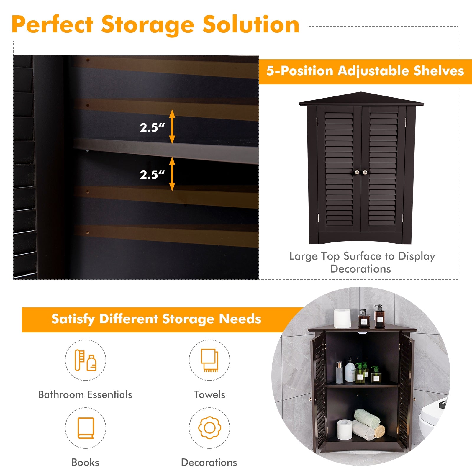 Bathroom Corner Storage Freestanding Floor Cabinet with Shutter Door-Brown