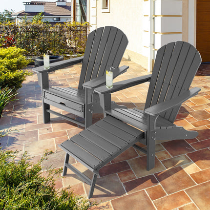 Patio HDPE Adirondack Chair with Retractable Ottoman-Gray