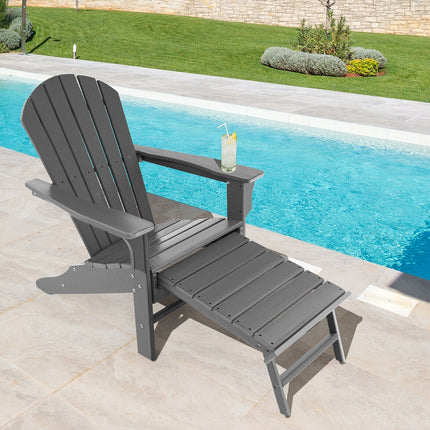 Patio HDPE Adirondack Chair with Retractable Ottoman-Gray