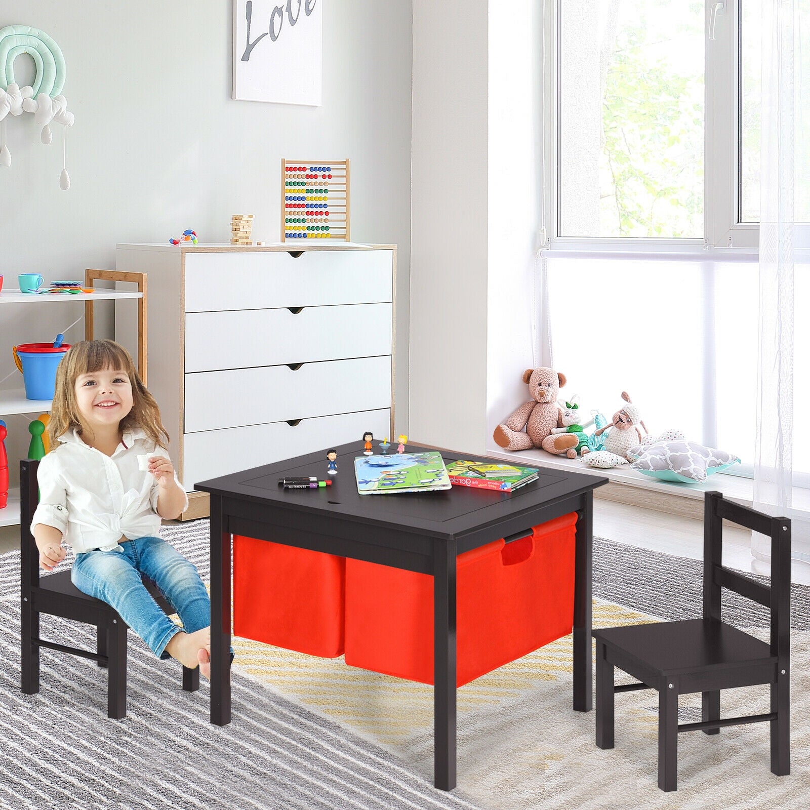 2-in-1 Kids Double-sided Activity Building Block Table with Drawers-Brown