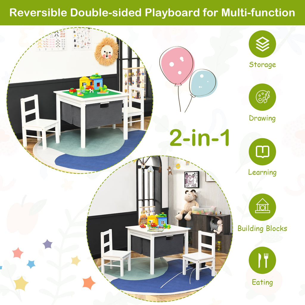 2-in-1 Kids Activity Table and 2 Chairs Set with Storage Building Block Table-White