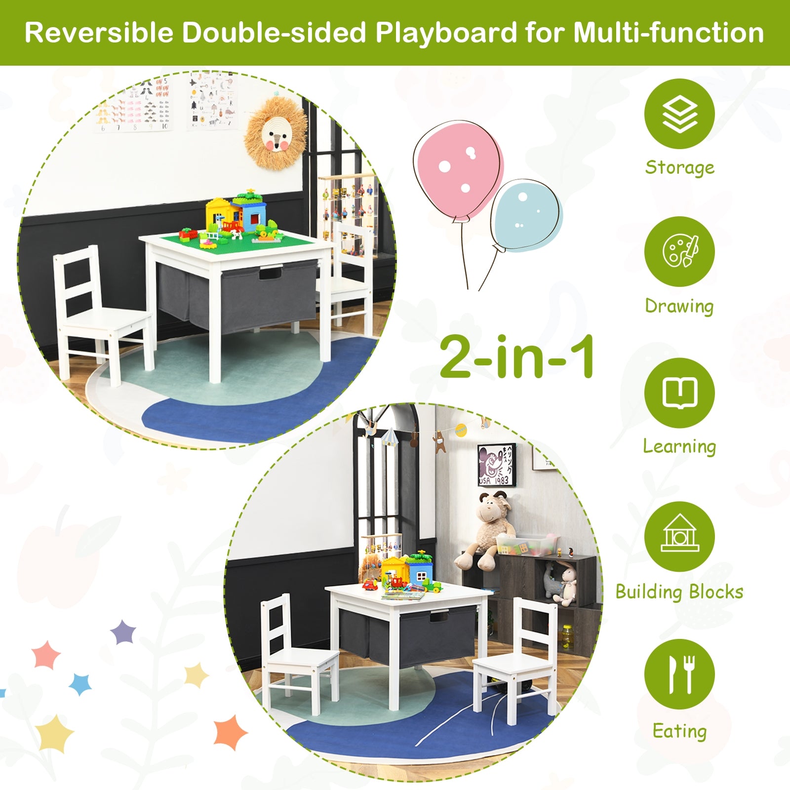 2-in-1 Kids Activity Table and 2 Chairs Set with Storage Building Block Table-White