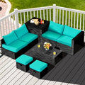 Ensemble de 8 meubles de patio en rotin avec table de rangement - Turquoise