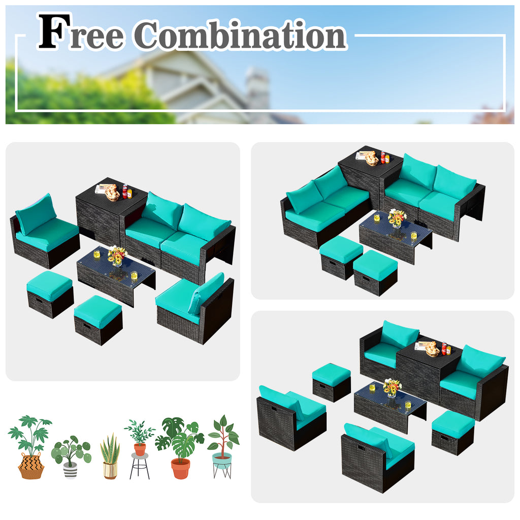 Ensemble de 8 meubles de patio en rotin avec table de rangement - Turquoise