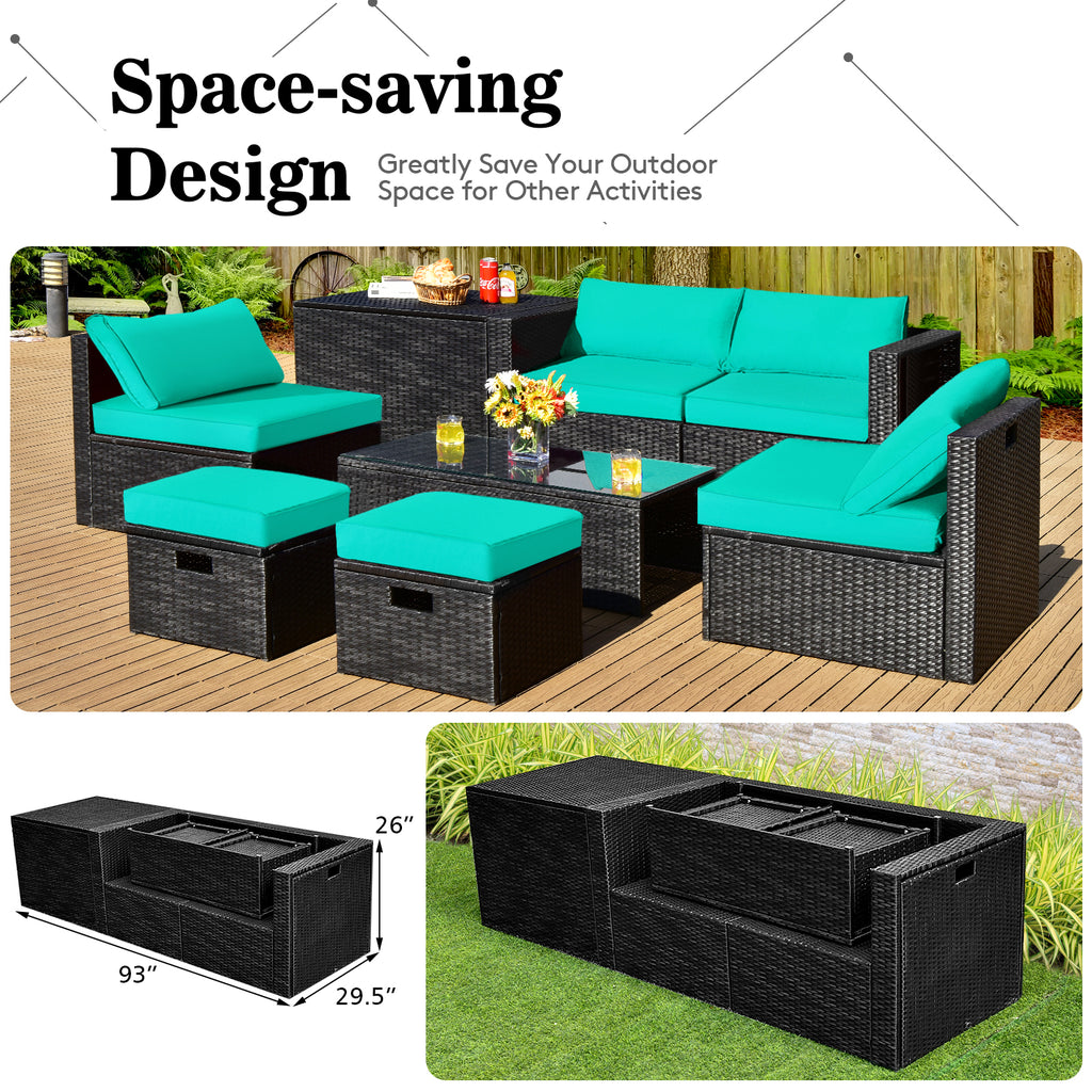 Ensemble de 8 meubles de patio en rotin avec table de rangement - Turquoise