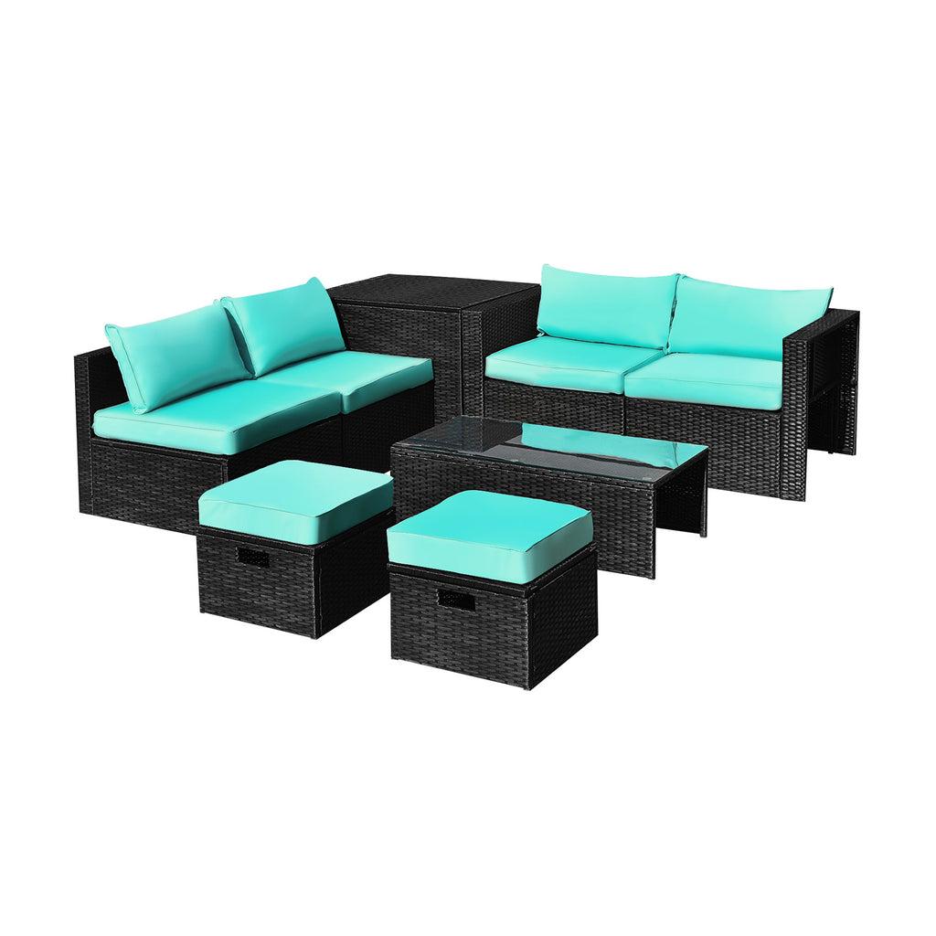 Ensemble de 8 meubles de patio en rotin avec table de rangement - Turquoise