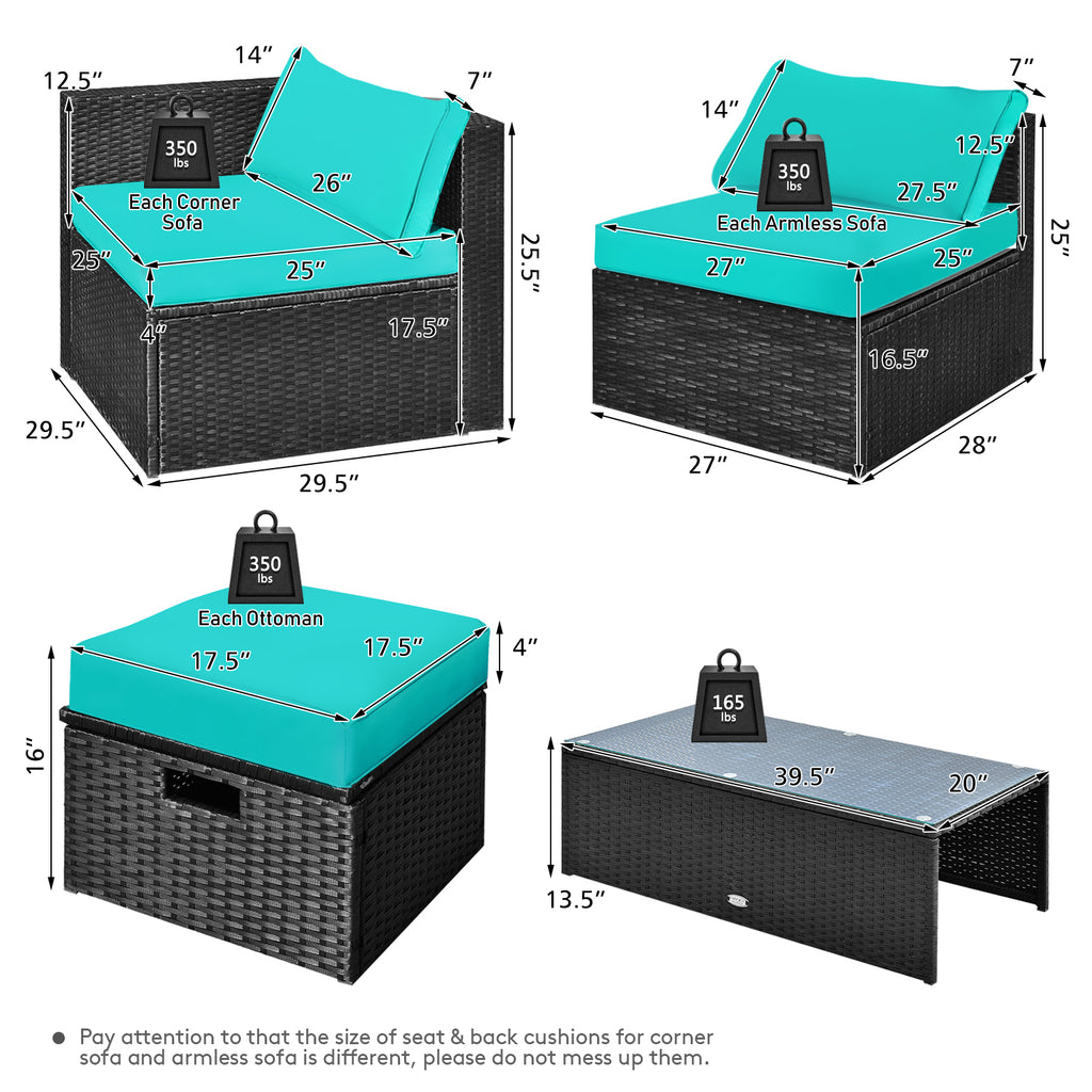 Ensemble de 8 meubles de patio en rotin avec table de rangement - Turquoise