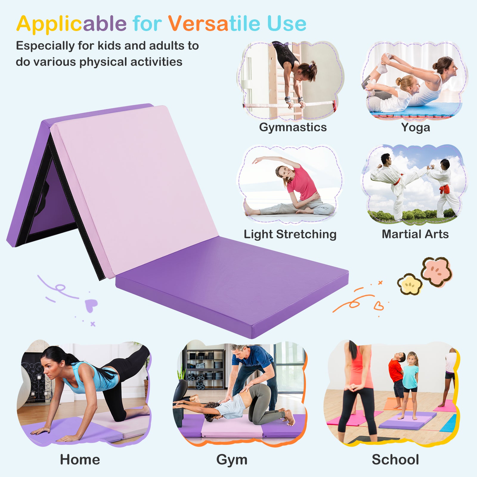 6 x 2 FT Tri-Fold Gym Mat with Handles and Removable Zippered Cover-Pink & Purple
