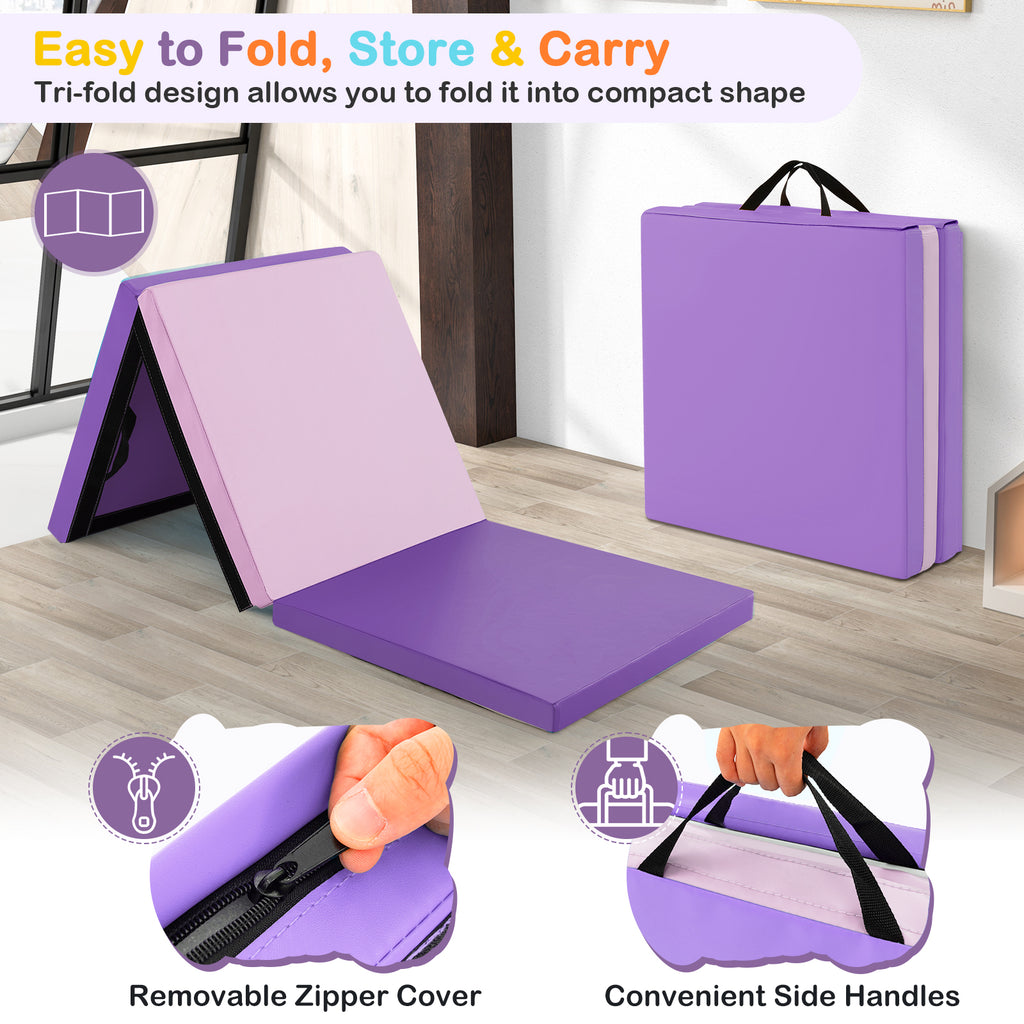 6 x 2 FT Tri-Fold Gym Mat with Handles and Removable Zippered Cover-Pink & Purple