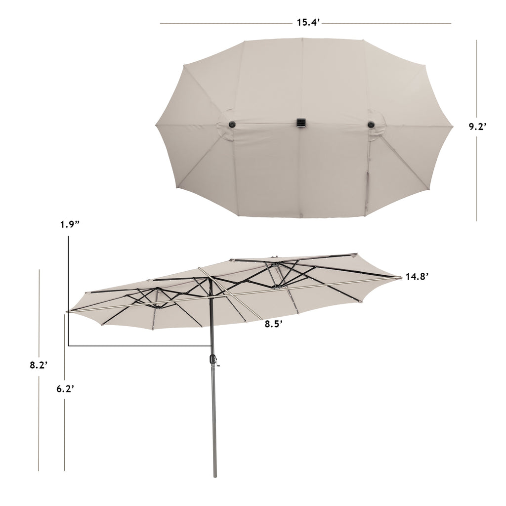 Parasol double de 4,5 mètres avec 48 lumières solaires LED - Beige