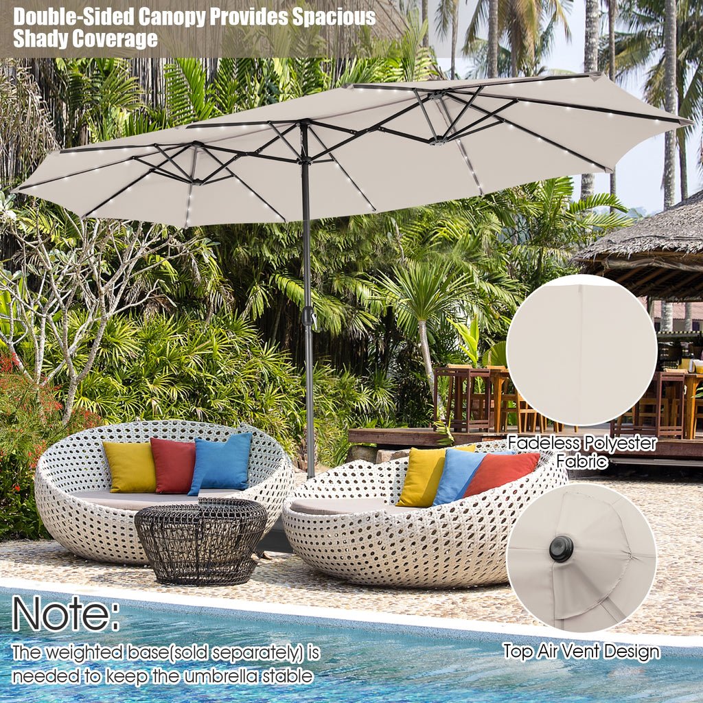 Parasol double de 4,5 mètres avec 48 lumières solaires LED - Beige
