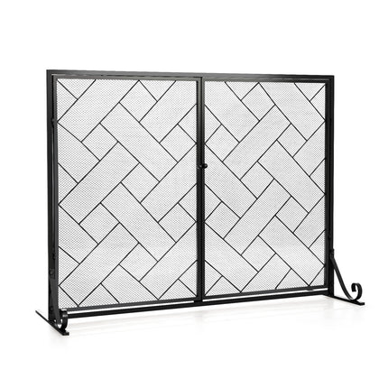 2-Panel Fireplace Screen Folding Metal Fire Place Safety Fence with Magnetic Doors-Black