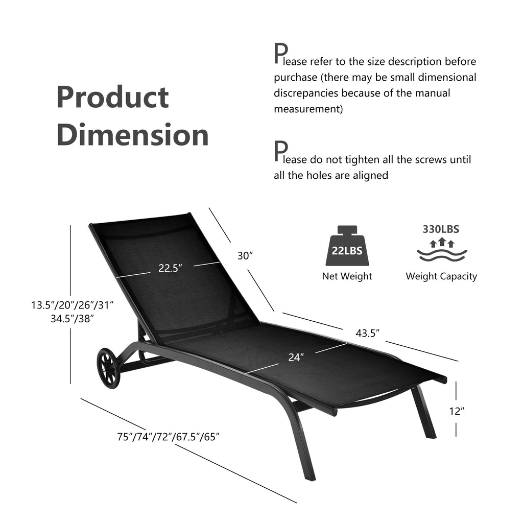 Chaise longue d'extérieur inclinable 6 positions avec roulettes - Noir
