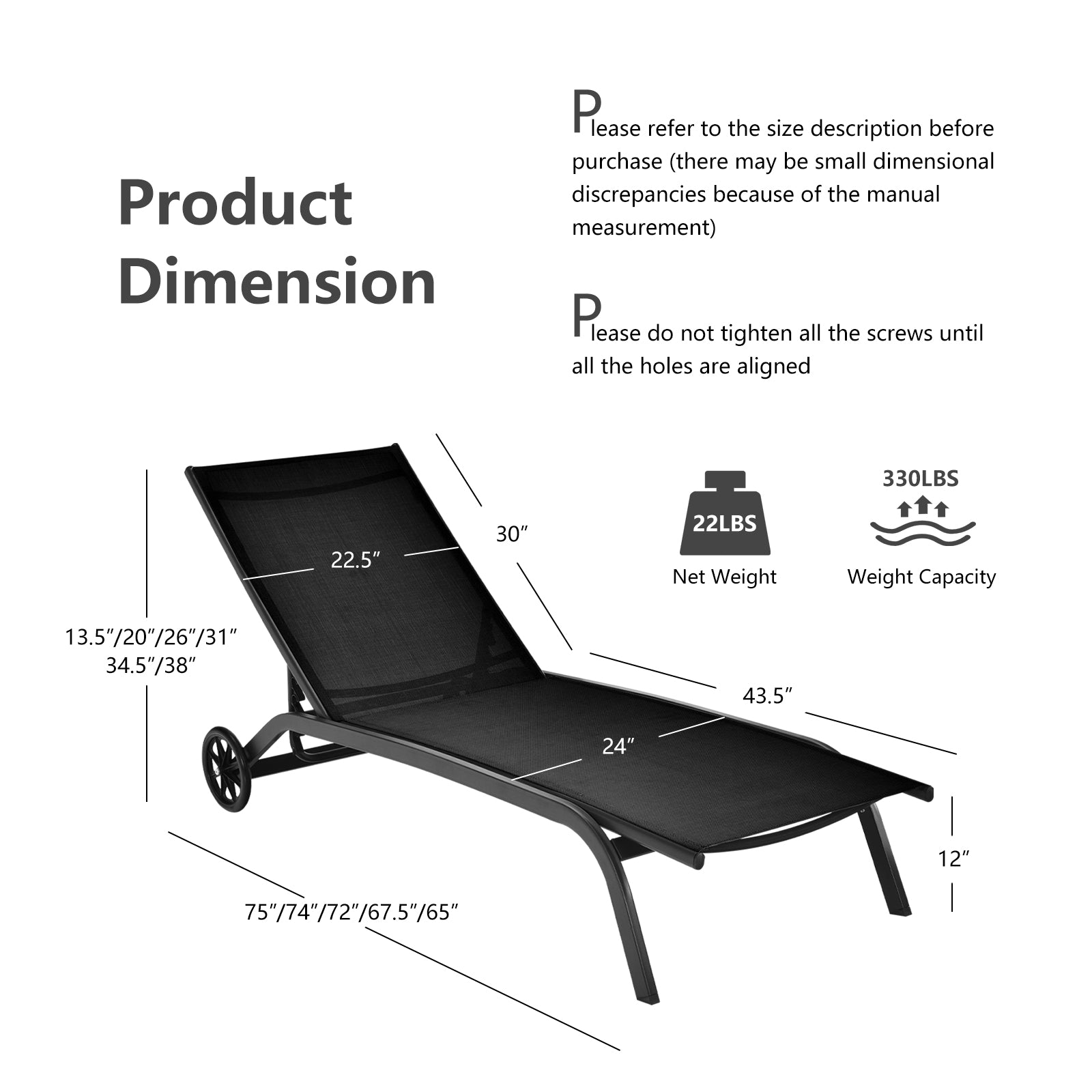 Chaise longue d'extérieur inclinable 6 positions avec roulettes - Noir