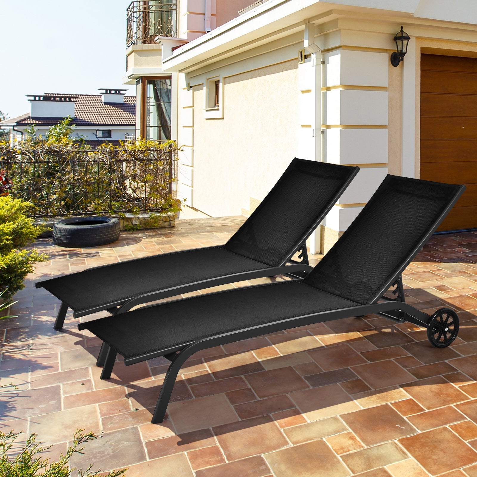 Chaise longue d'extérieur inclinable 6 positions avec roulettes - Noir