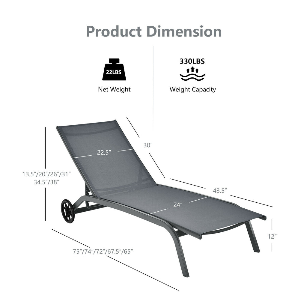 Chaise longue de jardin inclinable 6 positions avec roulettes - Grise