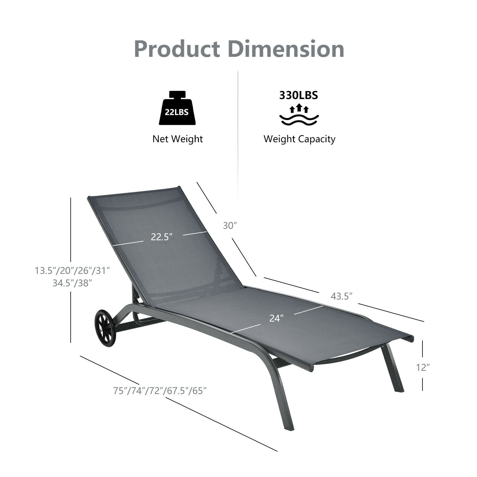Chaise longue de jardin inclinable 6 positions avec roulettes - Grise