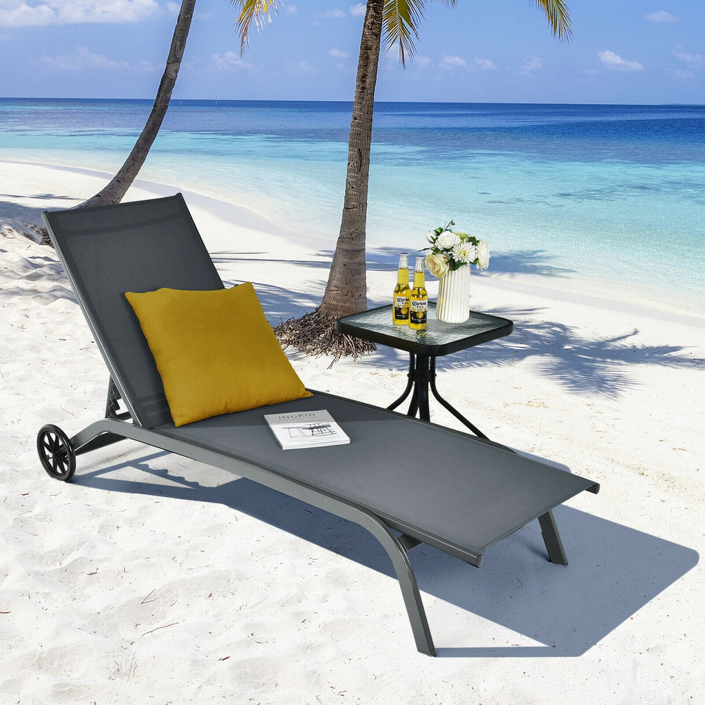 Chaise longue de jardin inclinable 6 positions avec roulettes - Grise