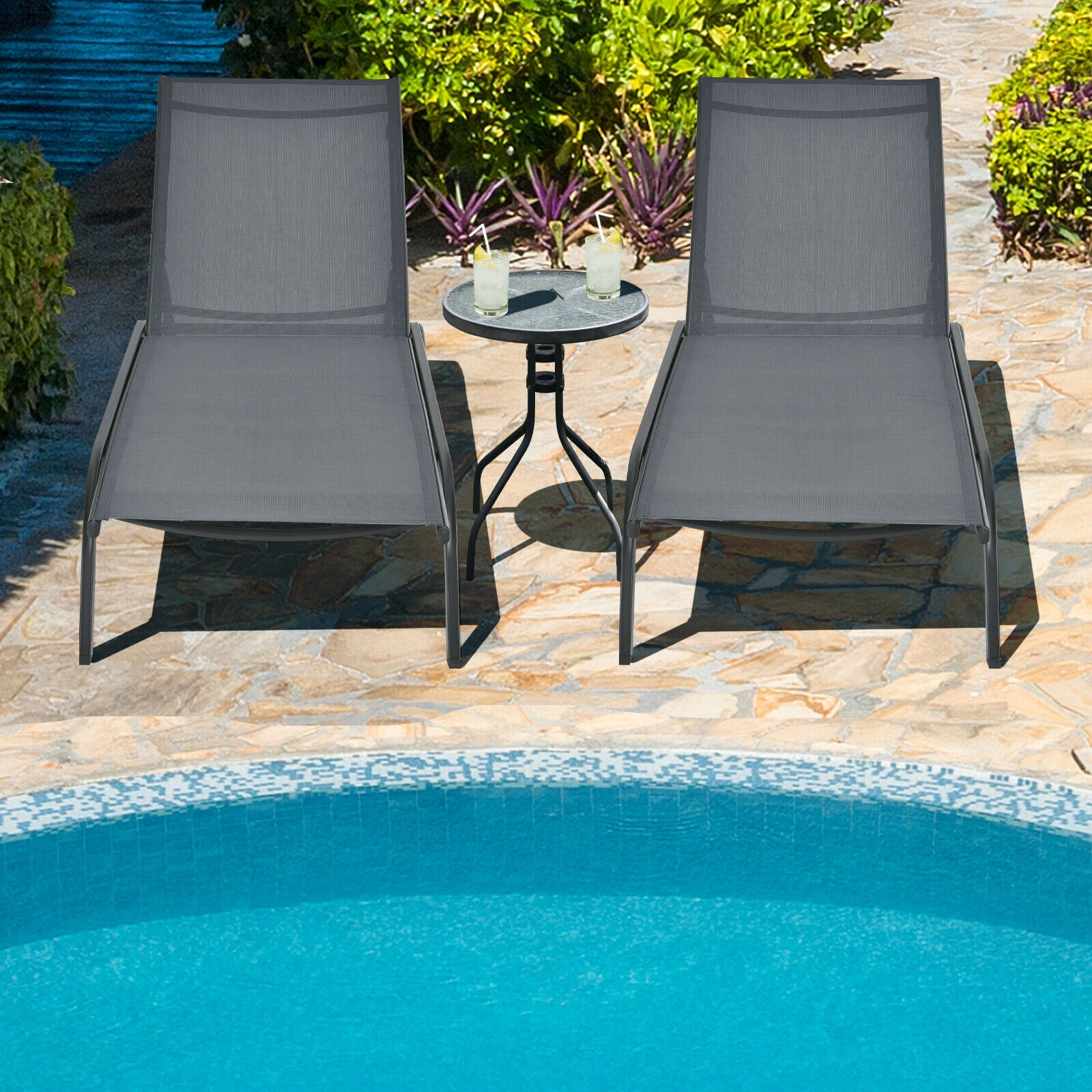 Chaise longue de jardin inclinable 6 positions avec roulettes - Grise