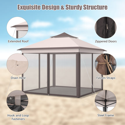2-Tier 11 x 11 Feet Pop-Up Gazebo Tent Portable Canopy Shelter Carry Bag Mesh-Beige