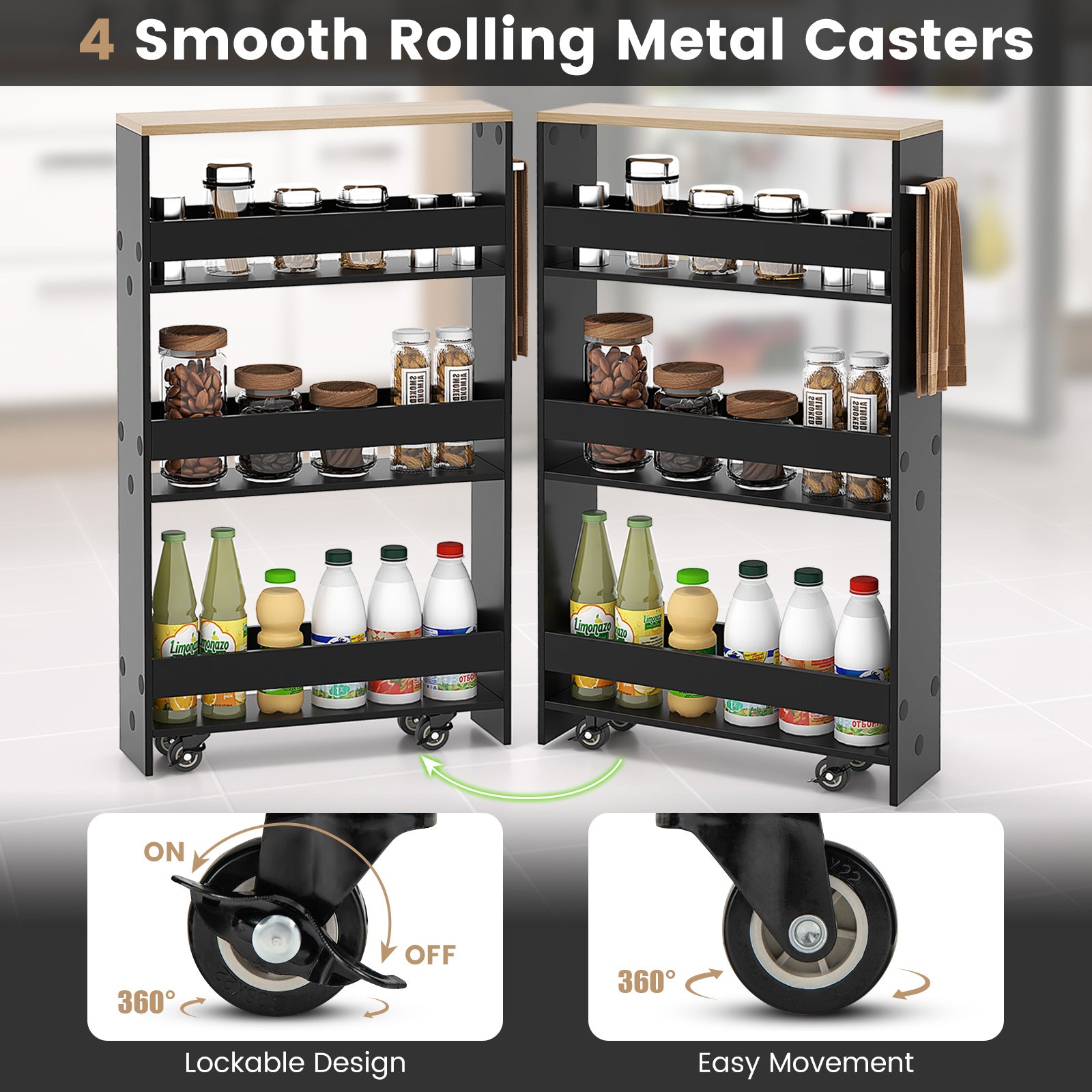 Rolling Kitchen Slim Storage Cart Mobile Shelving Organizer with Handle-Black