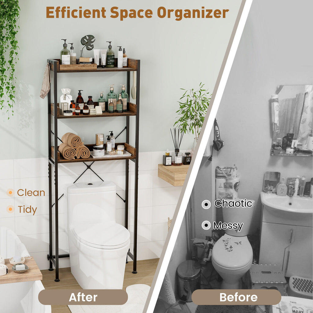 Over The Toilet Storage Rack with Hooks and Adjustable Bottom Bar-Gray