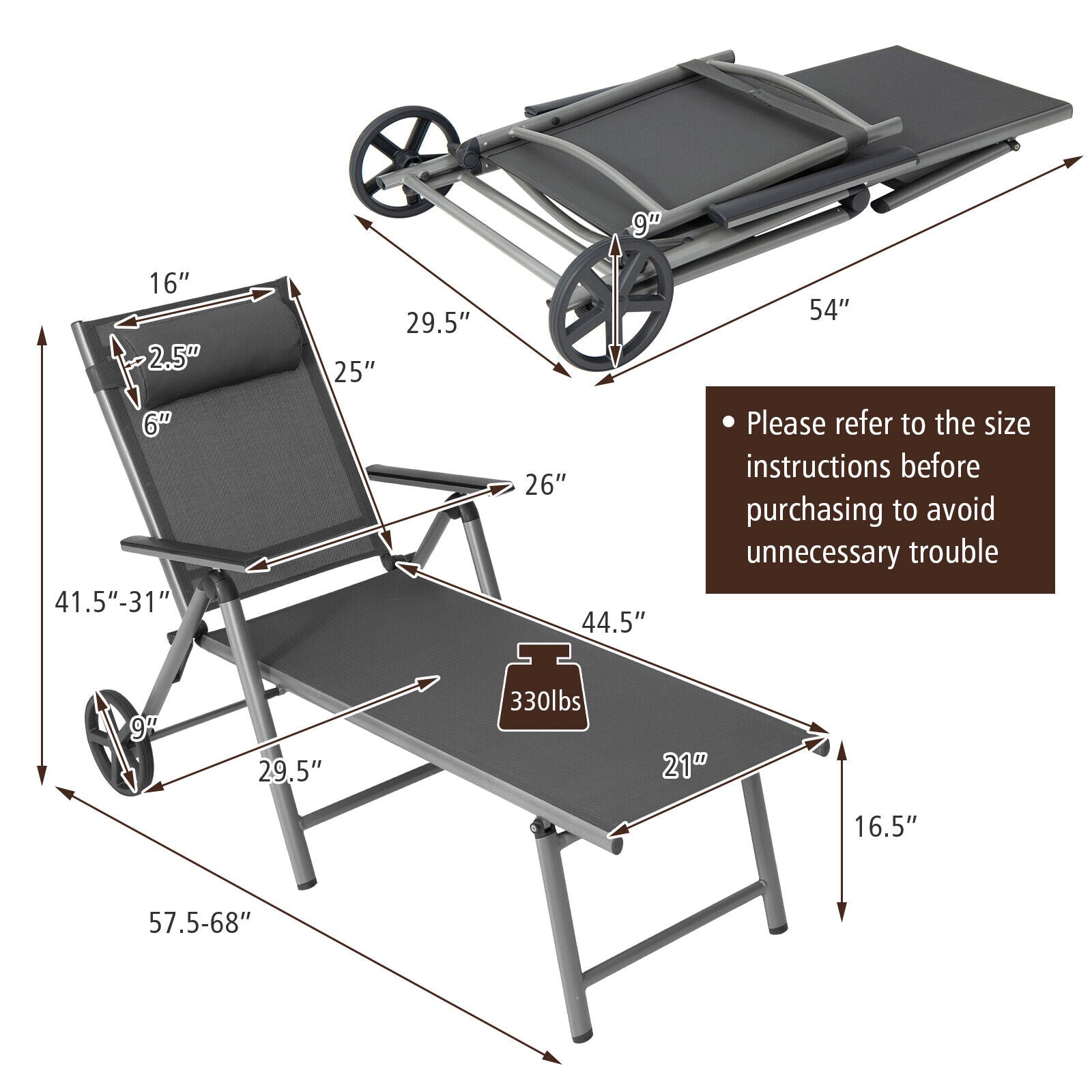 Chaise longue pliante réglable pour terrasse avec roulettes