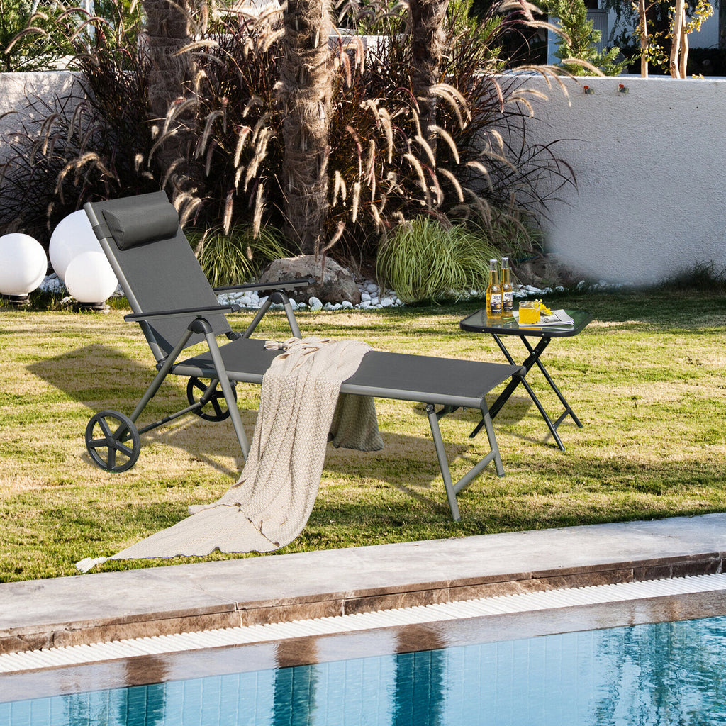 Chaise longue pliante réglable pour terrasse avec roulettes