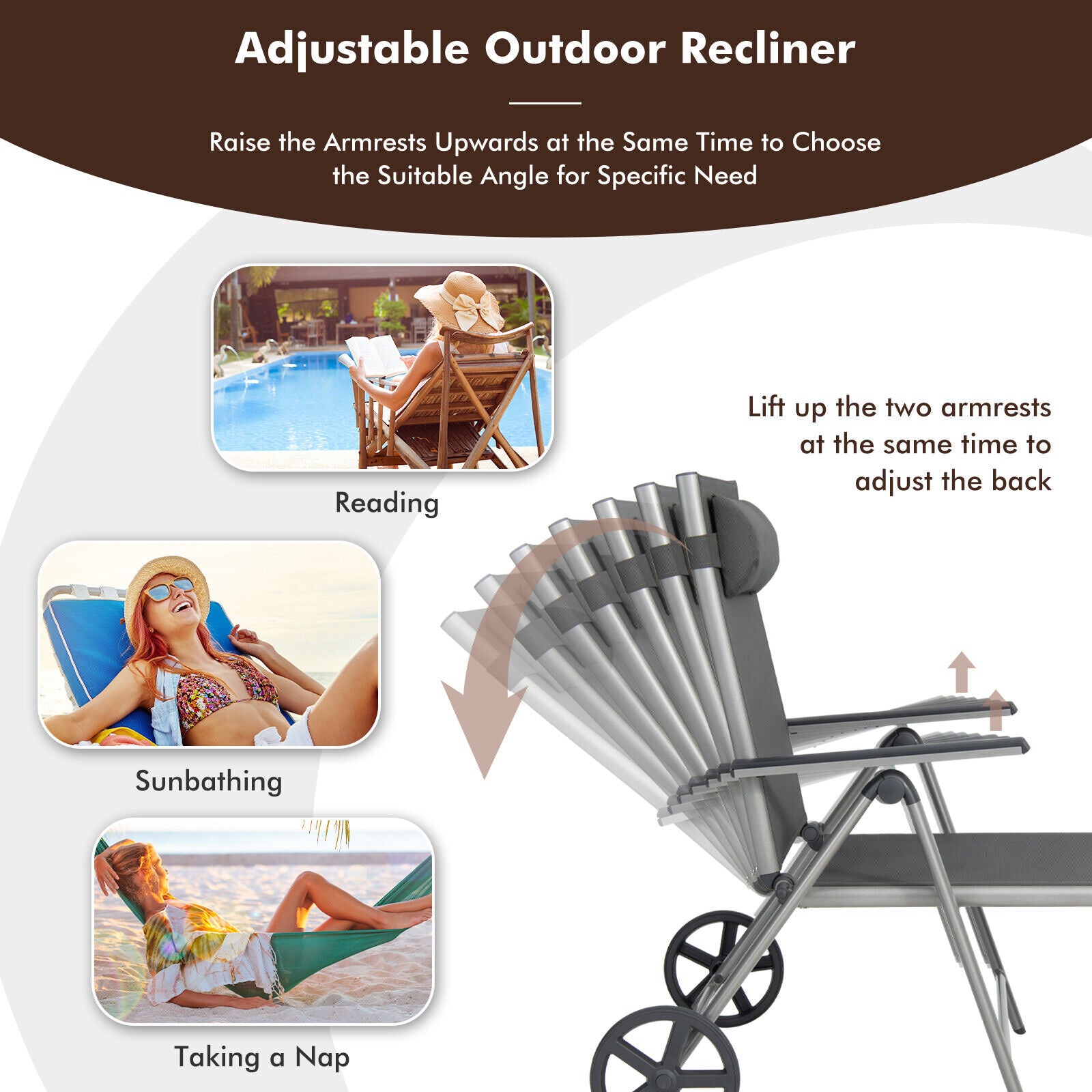Chaise longue pliante réglable pour terrasse avec roulettes