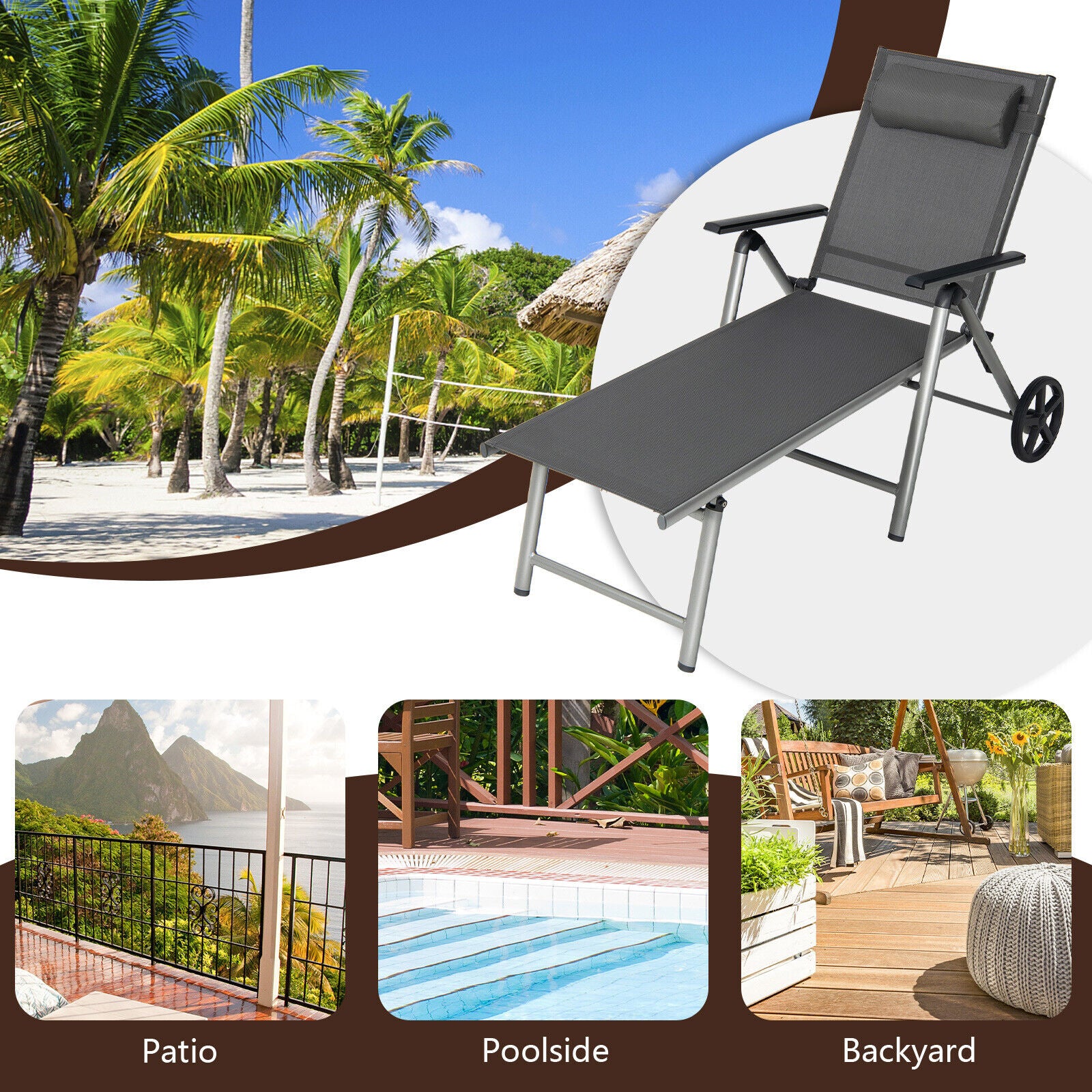 Chaise longue pliante réglable pour terrasse avec roulettes