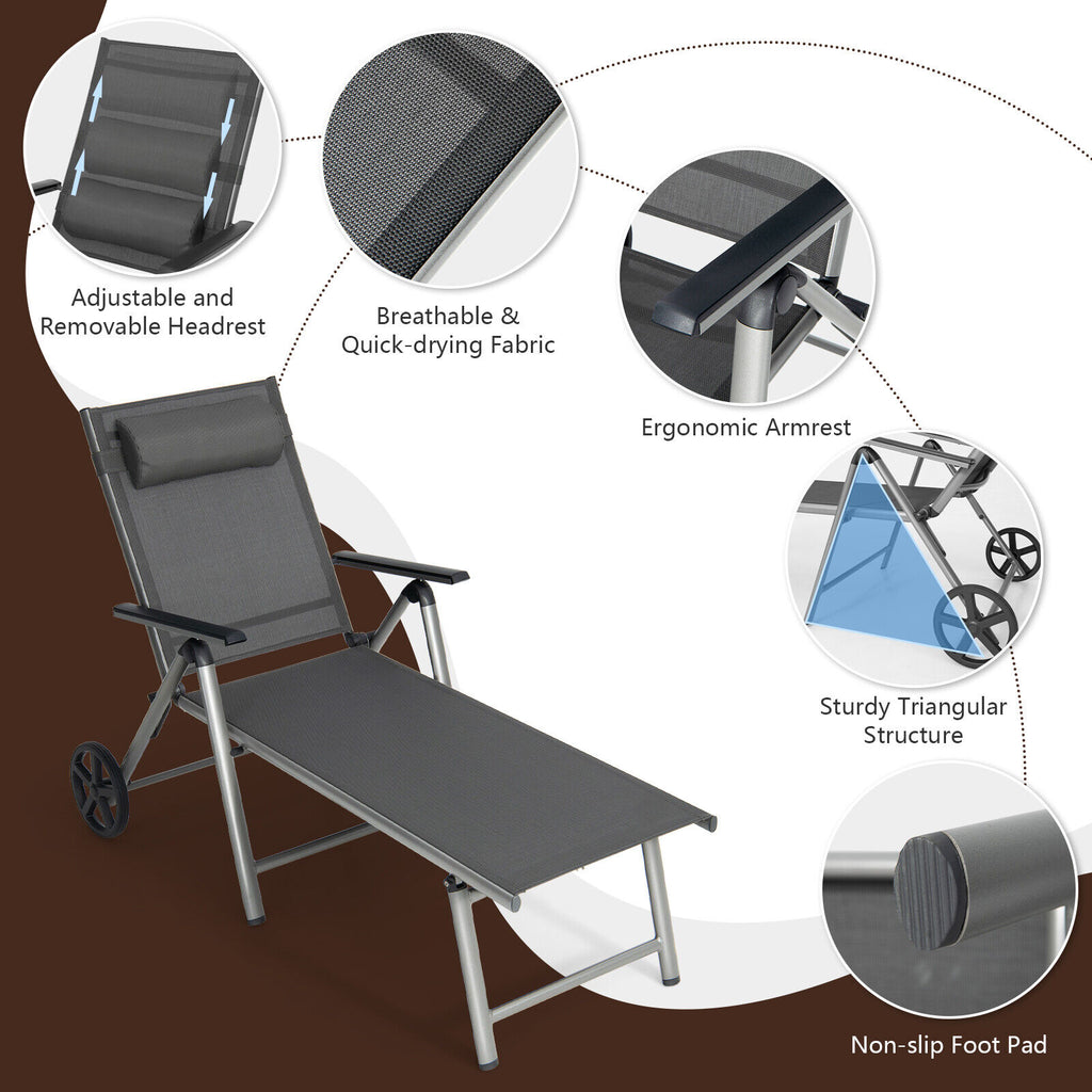 Chaise longue pliante réglable pour terrasse avec roulettes