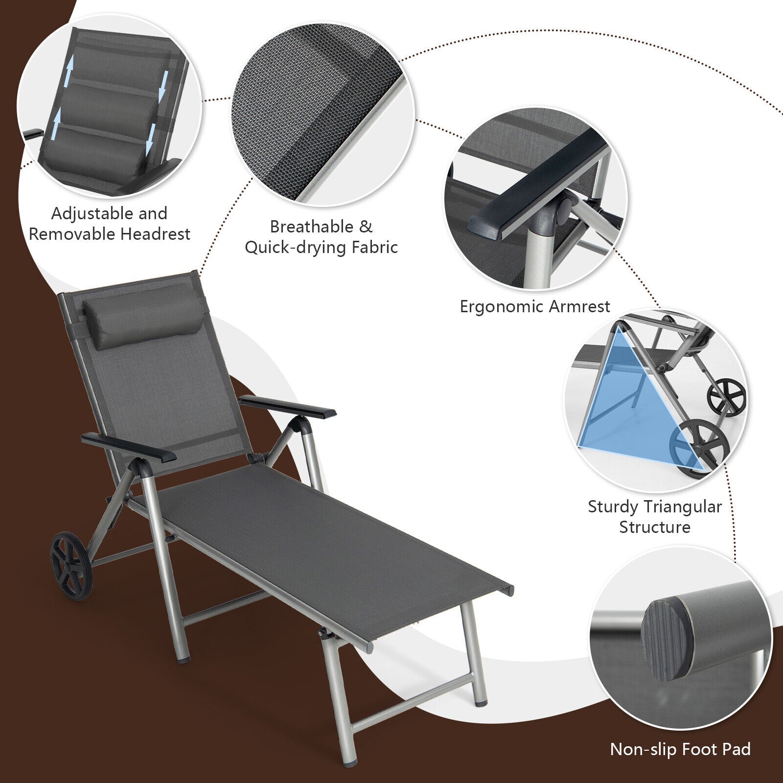 Chaise longue pliante réglable pour terrasse avec roulettes