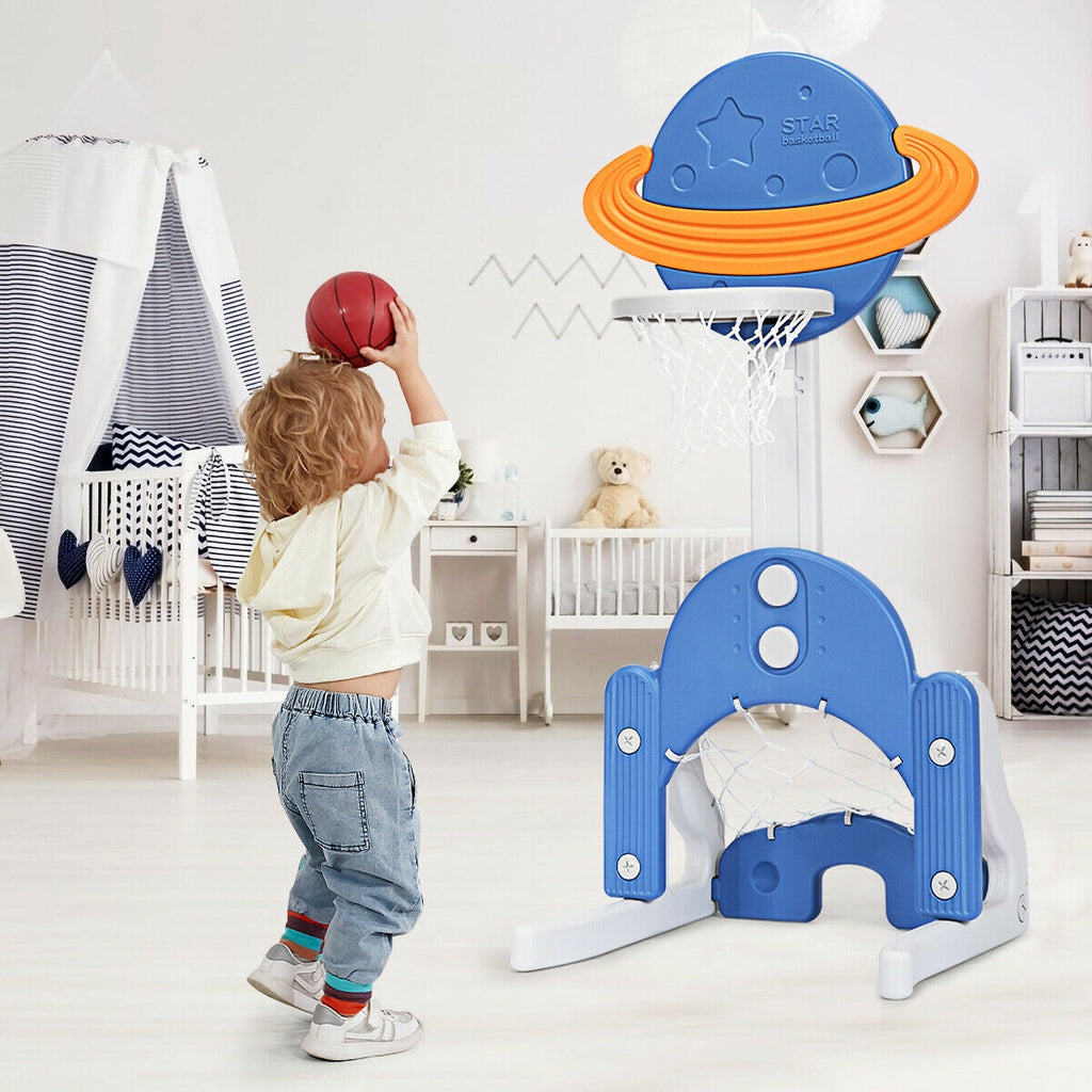 Panier de basket 3 en 1 pour enfants avec ballons - Bleu