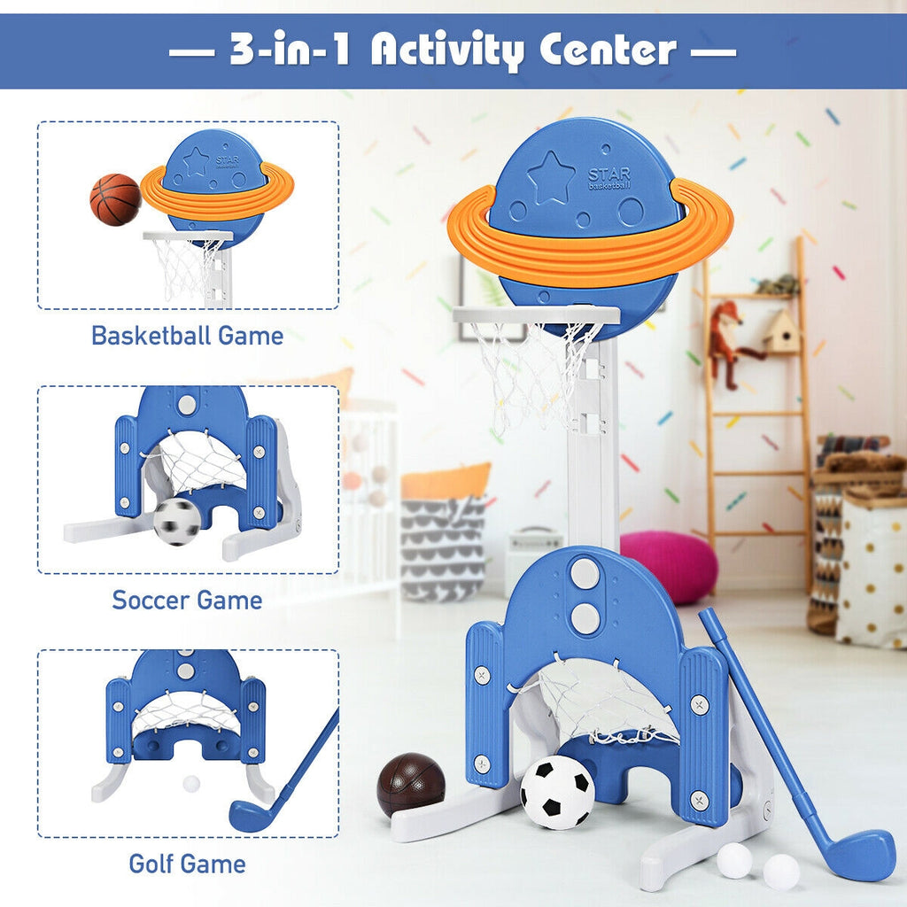 Panier de basket 3 en 1 pour enfants avec ballons - Bleu