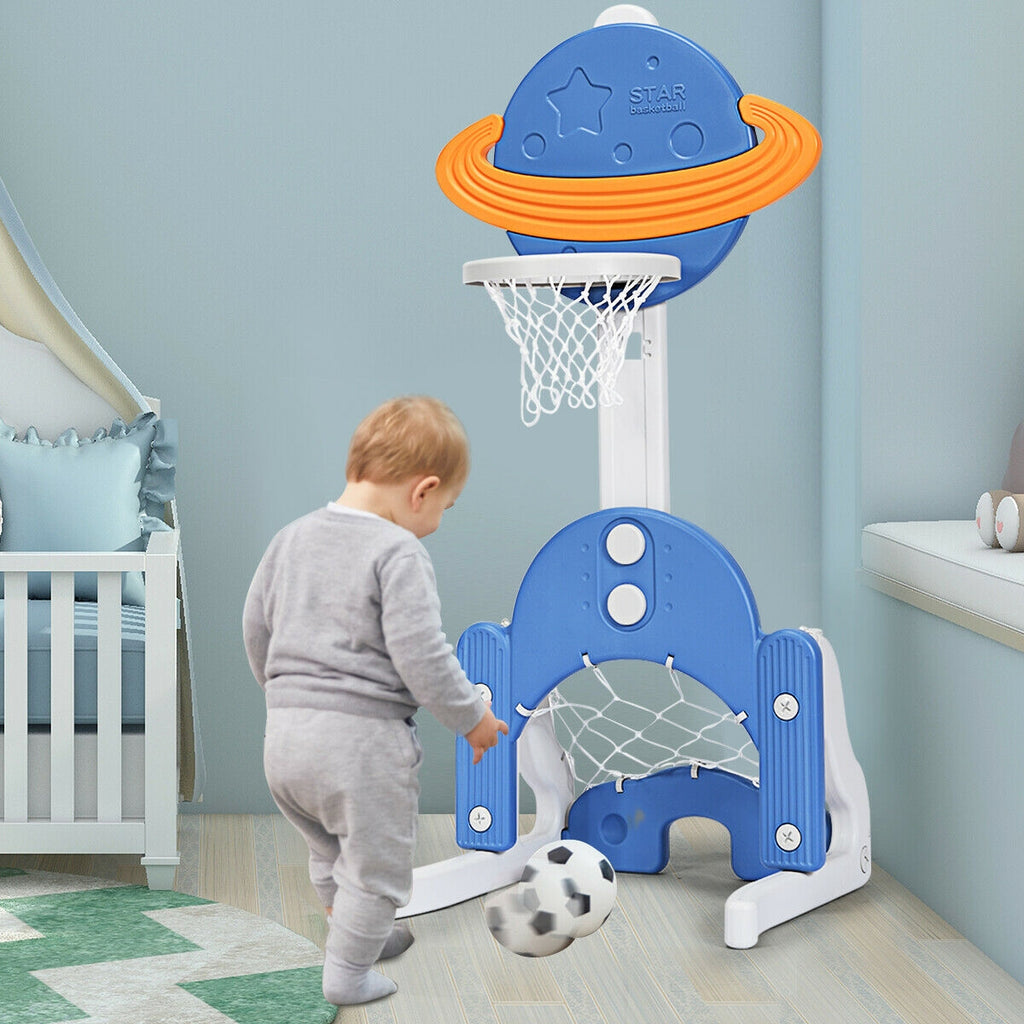 Panier de basket 3 en 1 pour enfants avec ballons - Bleu