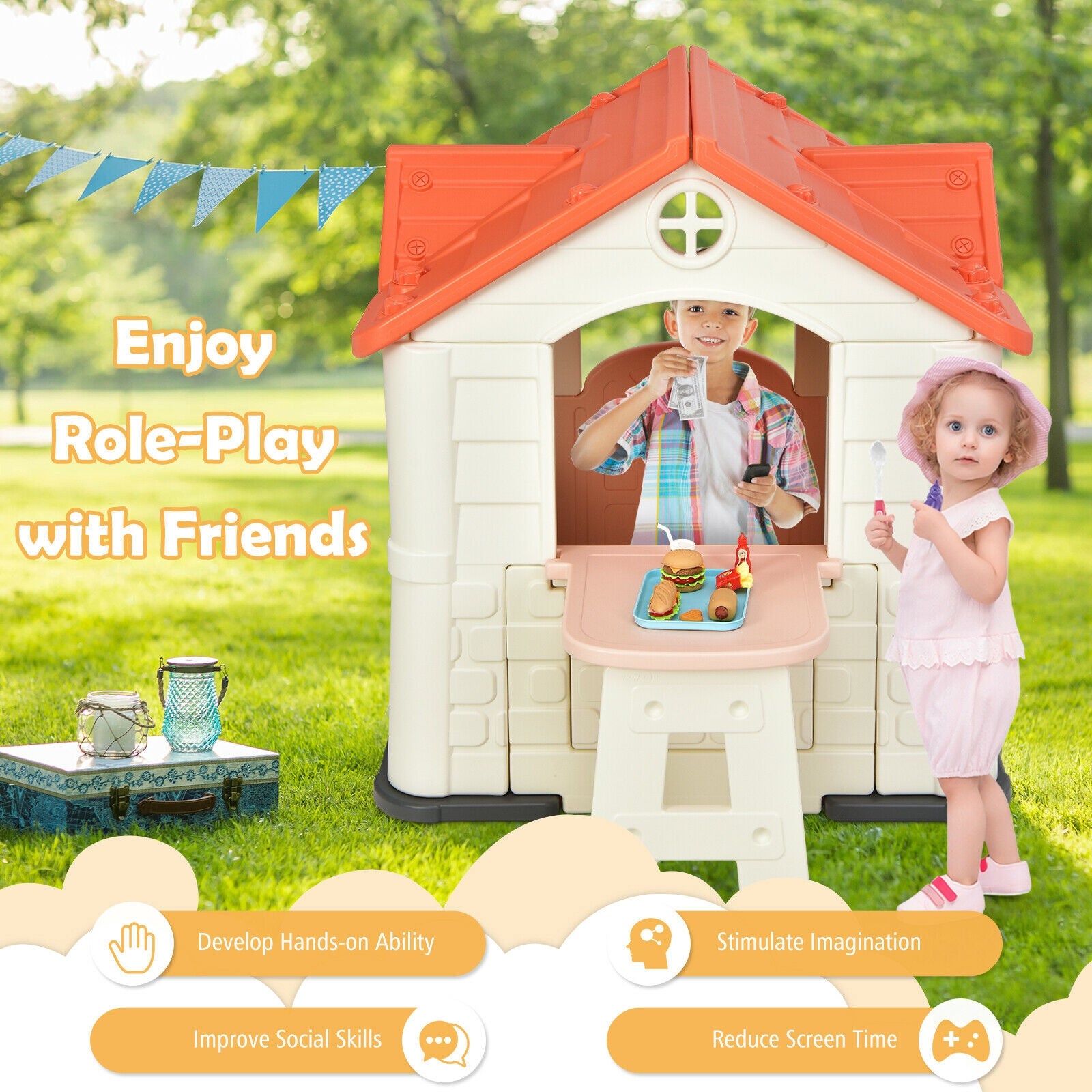 Kid€™s Playhouse Pretend Toy House For Boys and Girls 7 Pieces Toy Set-Pink