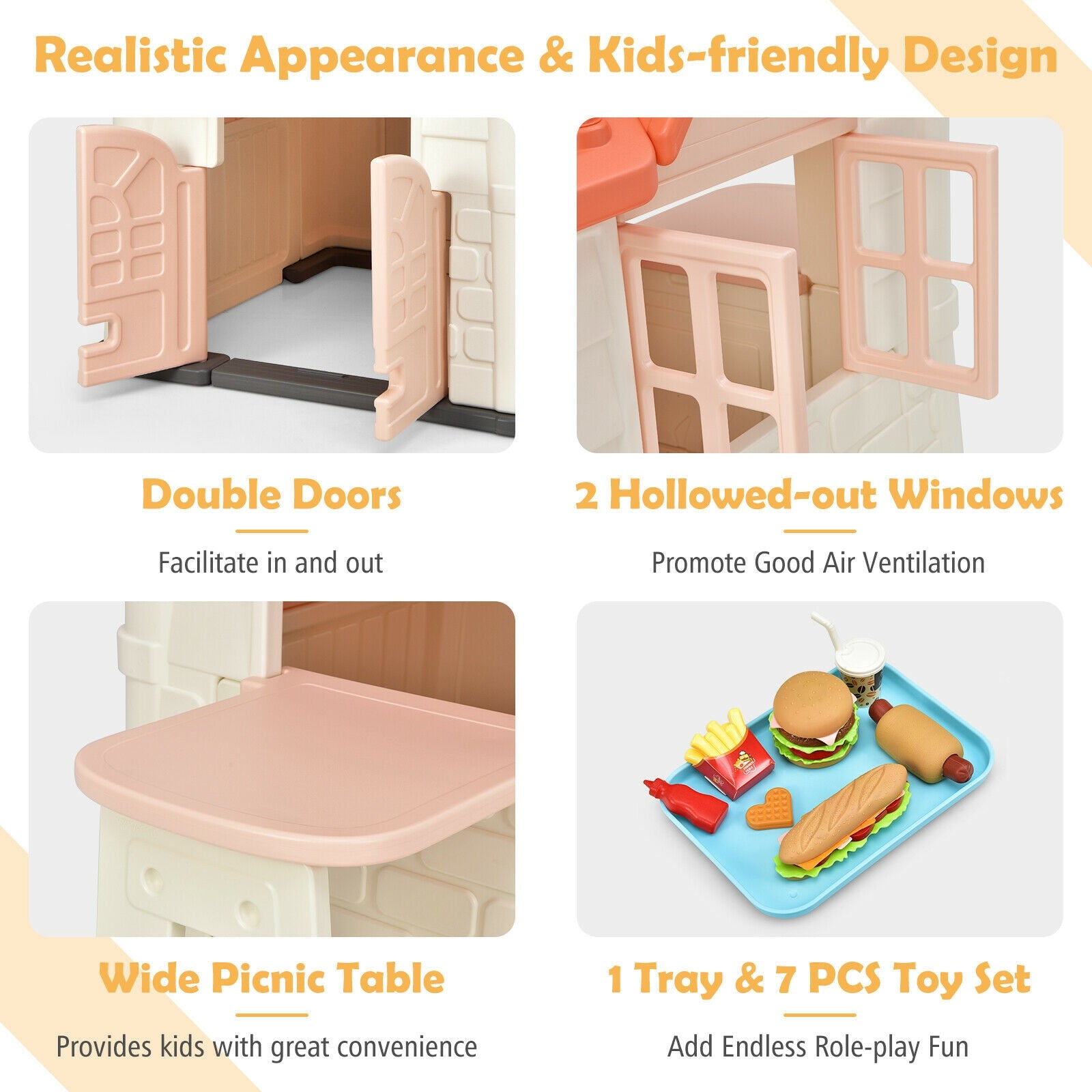 Kid€™s Playhouse Pretend Toy House For Boys and Girls 7 Pieces Toy Set-Pink