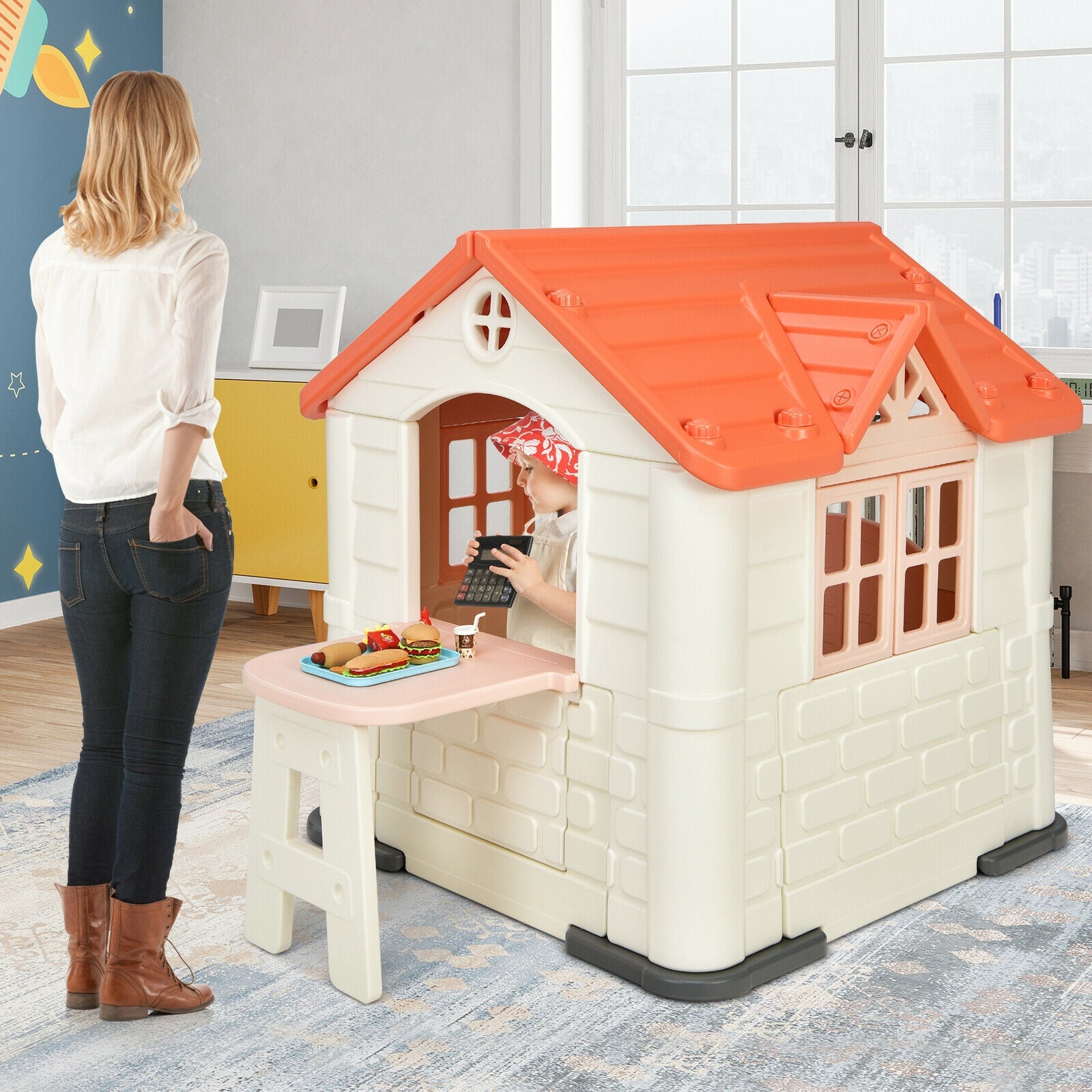 Kid€™s Playhouse Pretend Toy House For Boys and Girls 7 Pieces Toy Set-Pink