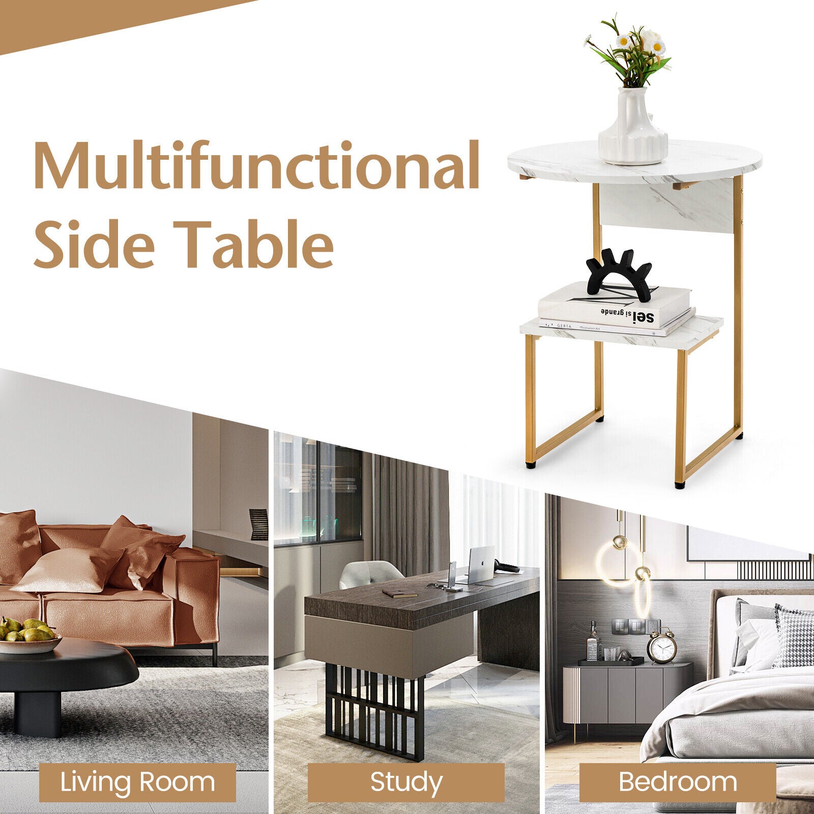 2-Tier Round End Beside Table with Metal Frame-White