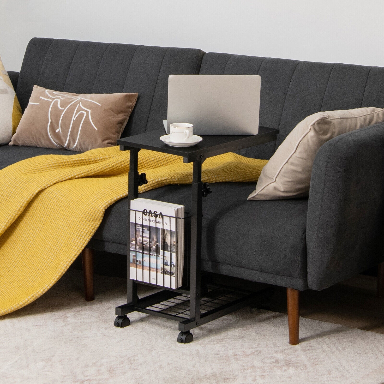 C-shape Sofa Side Table with Storage Basket-Black