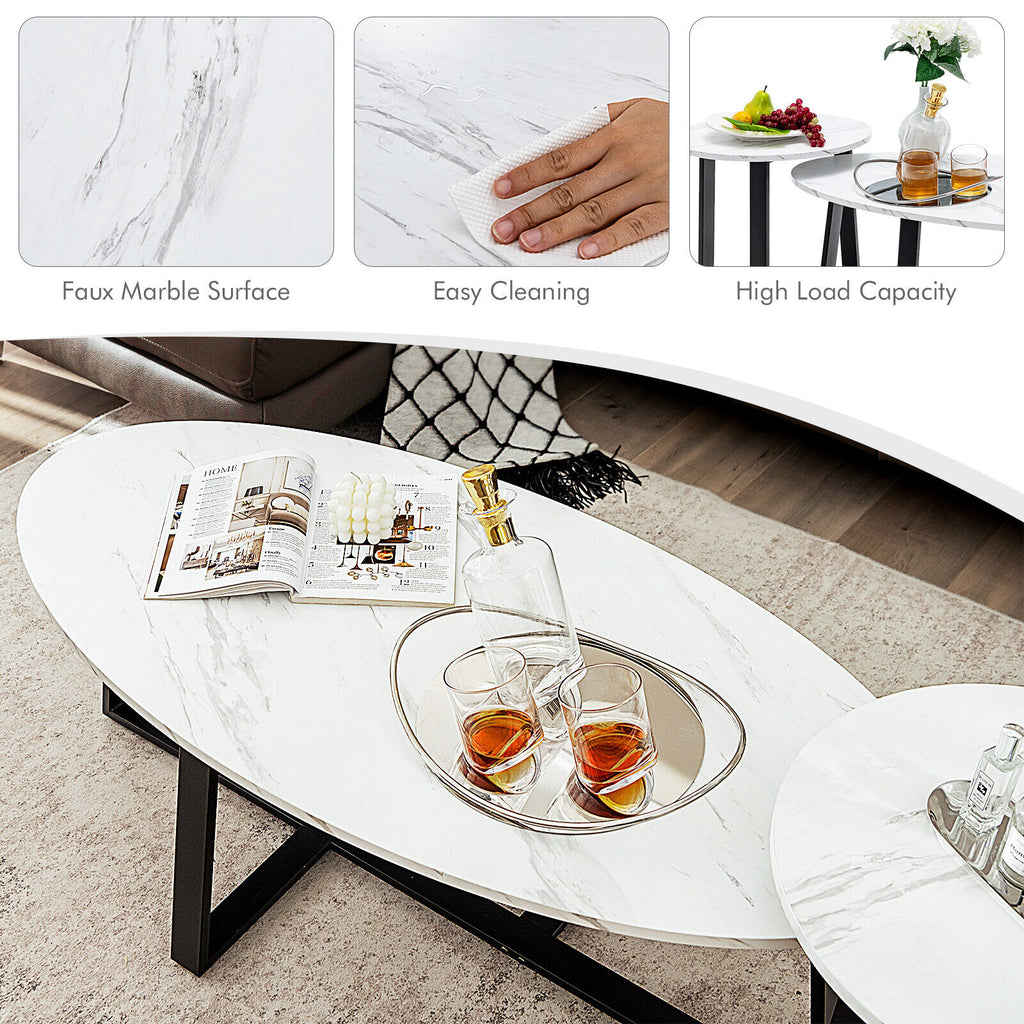 Set of 2 Modern Faux Marble Nesting Coffee Table Set with Oval and Round Table-White