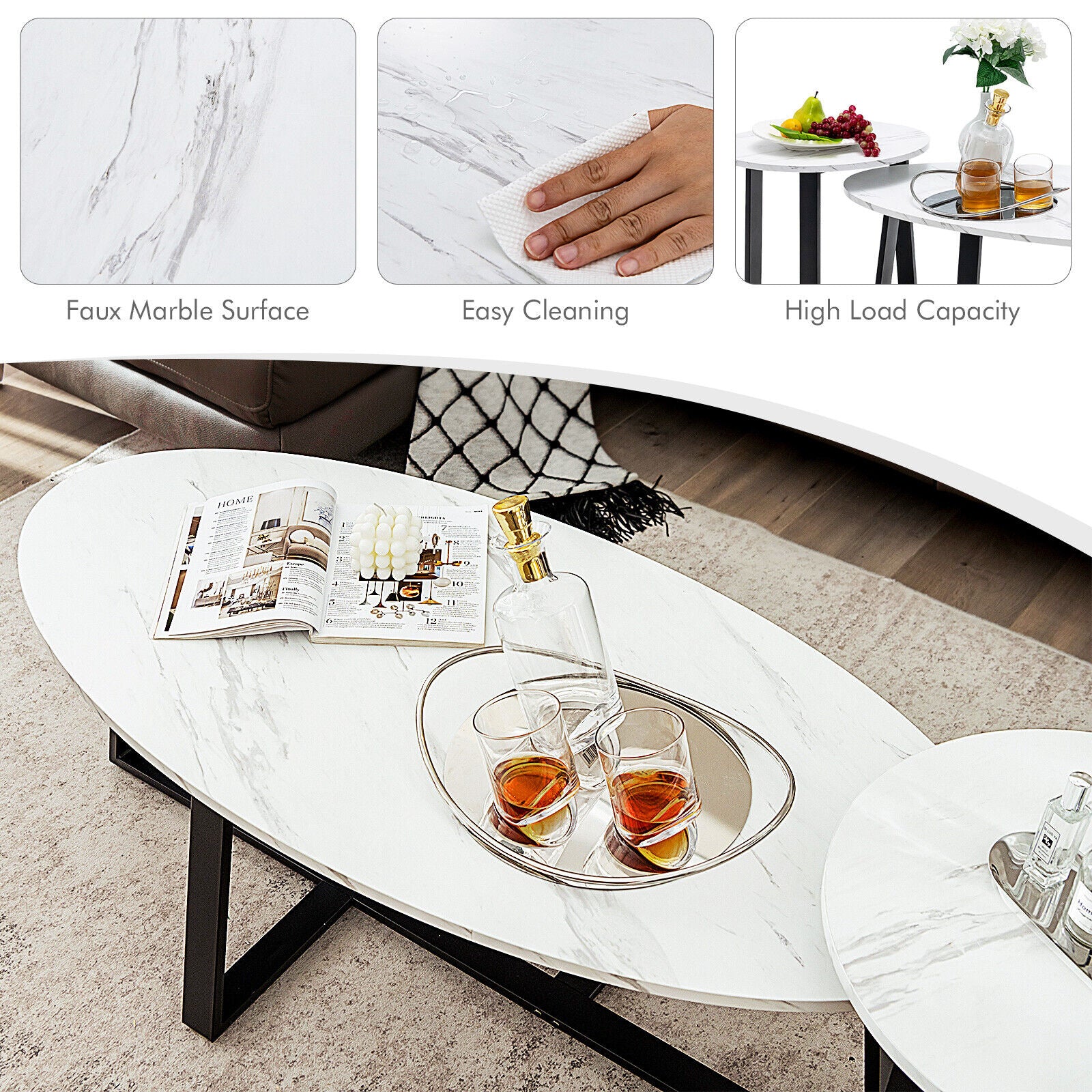 Set of 2 Modern Faux Marble Nesting Coffee Table Set with Oval and Round Table-White
