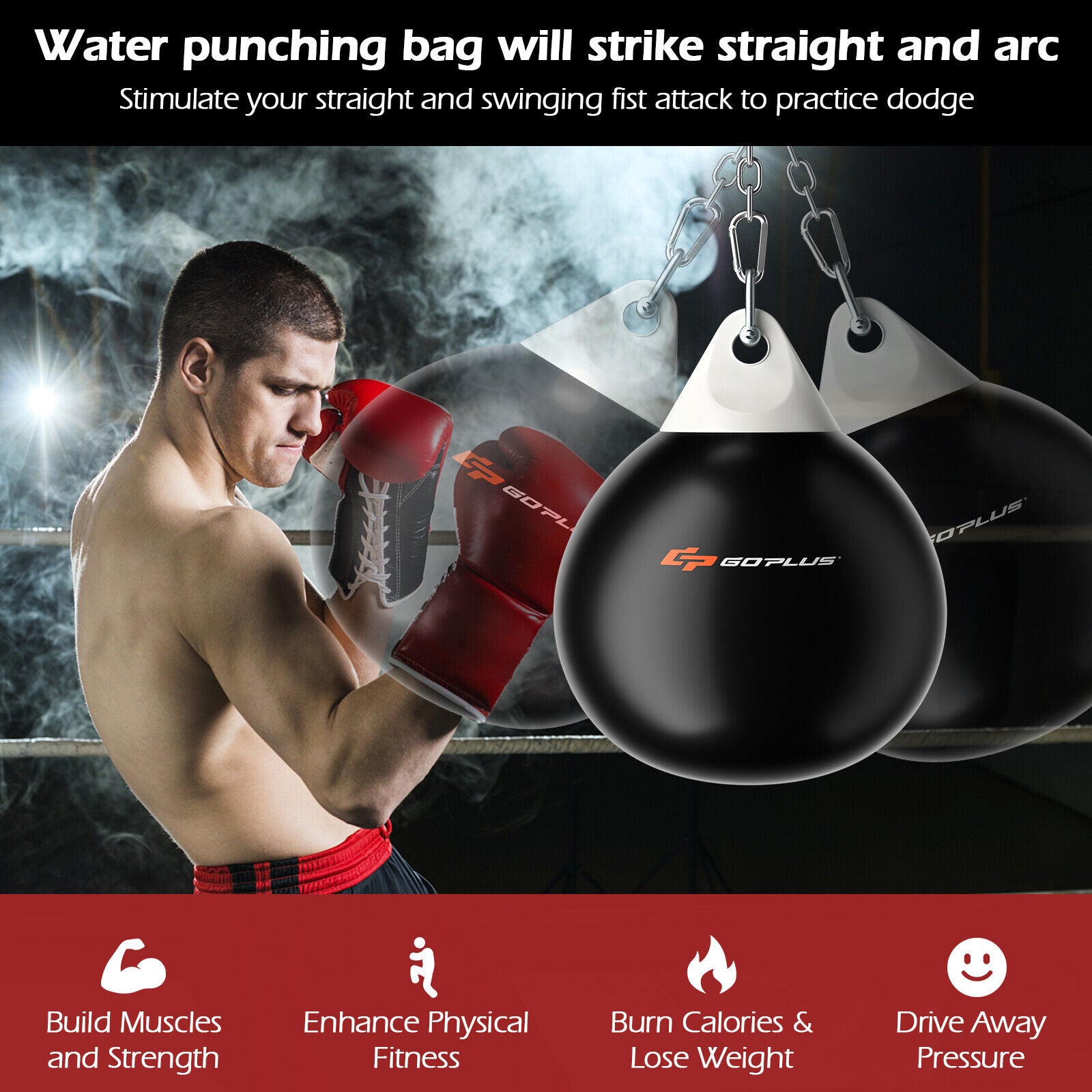 18 Inch 110 Pound Heavy Punching Water Aqua Bag with Adjustable Metal Chain-Black